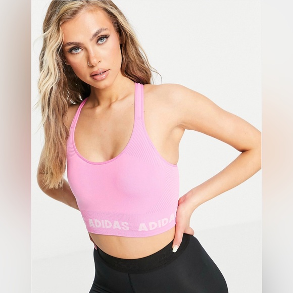 adidas Training aeroknit logo 7/8 leggings and bra in bright pink - Picture 6 of 9